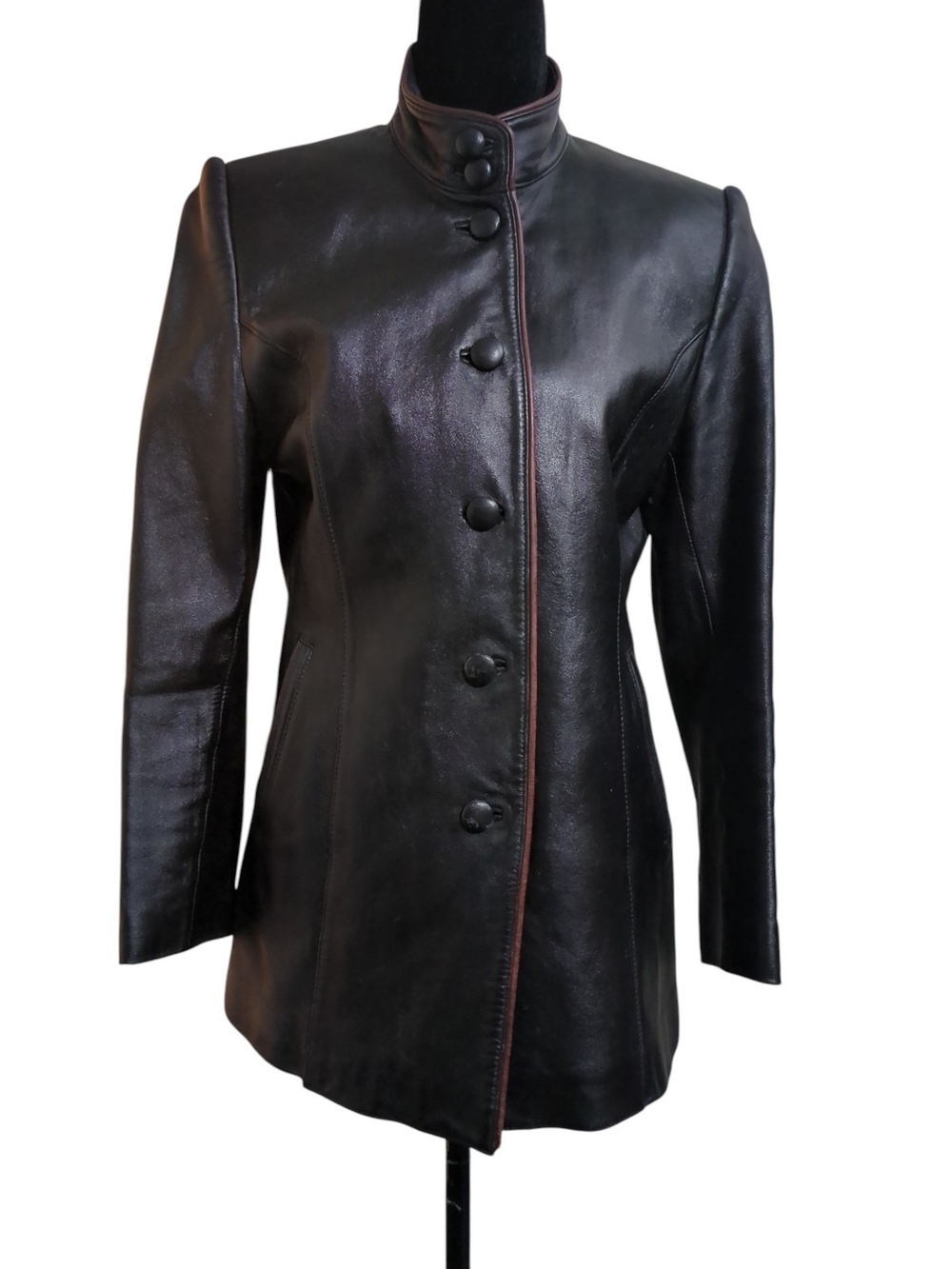 Vintage Y2K Black Leather Matrix Car Coat Mandarin Collar Minimalist Cyber S/M